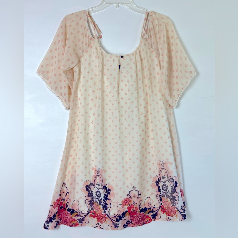 Lily Rose Women’s SzS Boho Overlay Floral Cold Shoulder Mini Dress Keyhole Neck